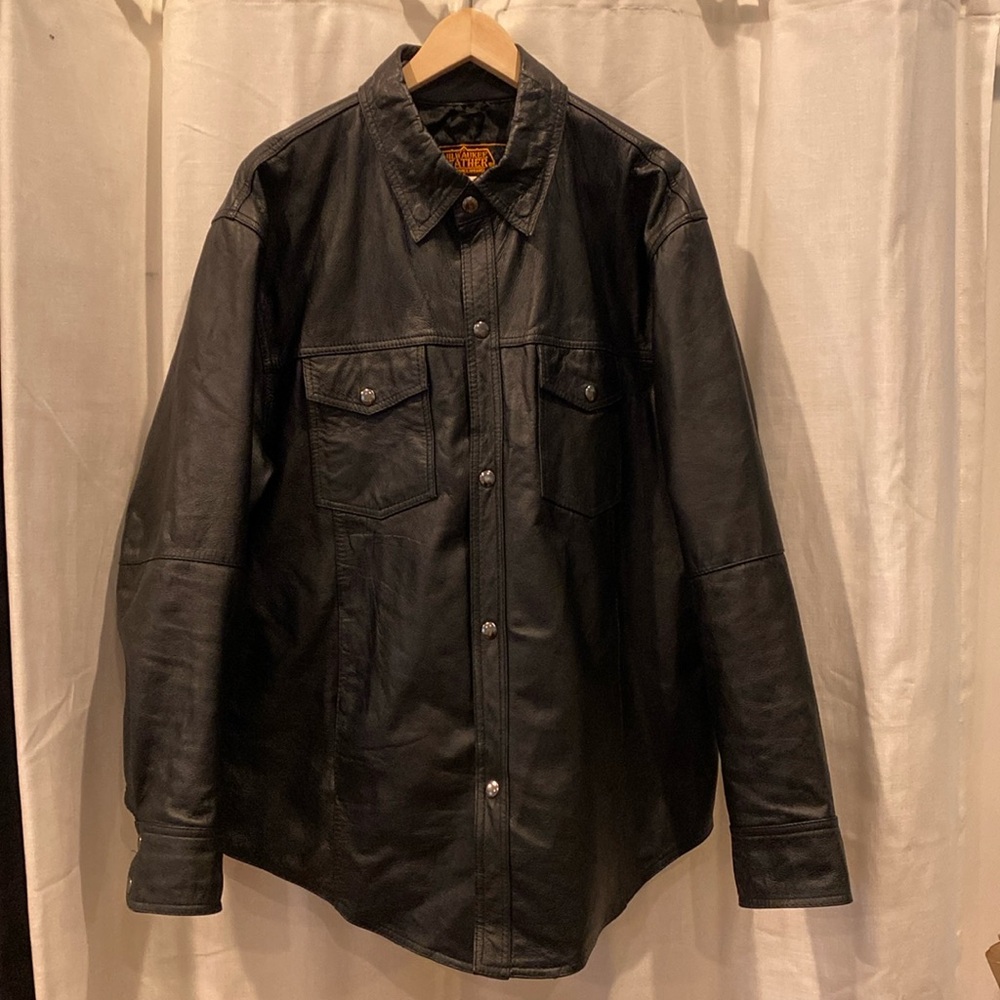 Miluakee Leather - black leather - shirt jacket - biker - button up - XL
